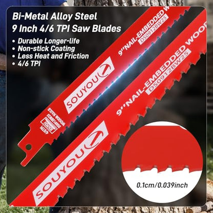 50 Pack 9 Inch 4/6 Tpi Reciprocating Saw Blades Bi-Metal with Coating Stud and Reciprocating Saw Blades for Cutting Embedded Wood Metals PVC Pallets etc - size: 9in 50Pack, style: 4/6 Tpi