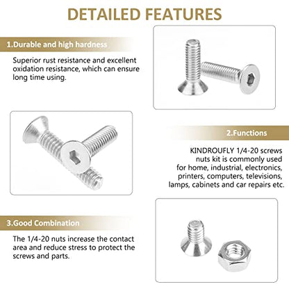 52 Pieces 1/4-20 x 1/2", 3/4", 1", 1-1/4", 1-1/2", Countersunk Head Socket Cap Screws Nuts Assortment Kit, 304 Stainless Steel, Fully Machine Thread - size: 1/4"-20, style: Countersunk Head