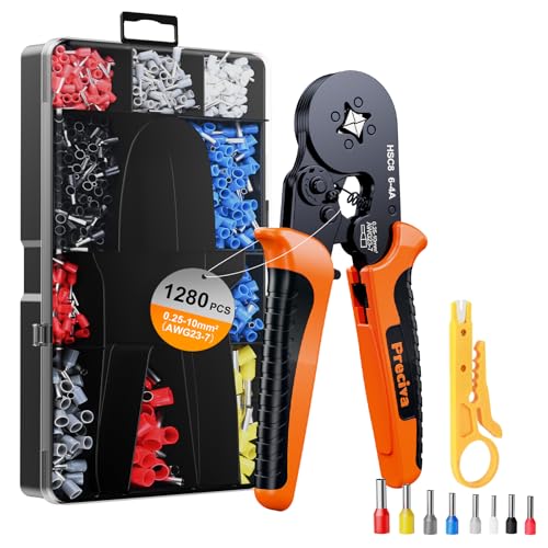 Preciva Professional Self-Adjusting Ratchet Crimping Tool Kit for Insulated Ferrules - 0.25-10mm² (AWG 24-8) with 1280PCS Terminal Kit & Mini Wire Stripper, Ergonomic Non-Slip Handle, Carrying Case
