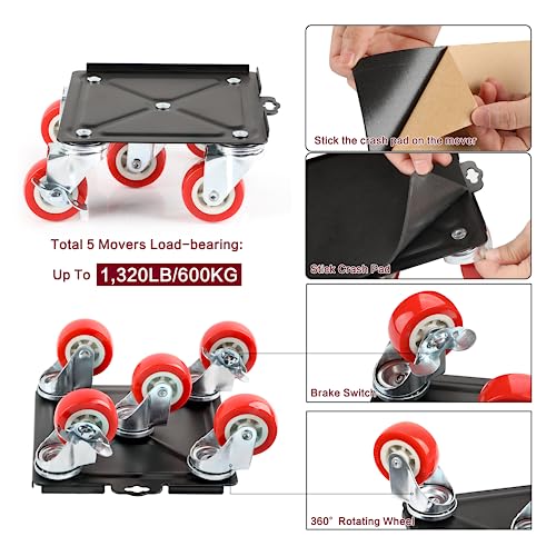 Heavy Duty Furniture Dolly with 5 Wheels, 3300 lbs Load Capacity for Easy Moving and Storage, Furniture Lift Mover Tool Set Perfect for Heavy Home or Office - Made of Premium Carbon Steel(4 Packs)
