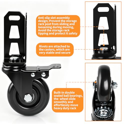 4" Storage Rack Caster Wheels, Fit Boltless Shelving Rack Posts