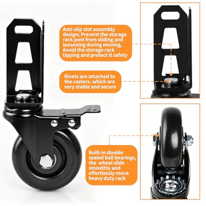 4" Storage Rack Caster Wheels, Fit Boltless Shelving Rack Posts