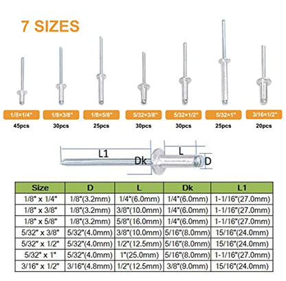 205pcs Aluminum Blind Rivets,7 Sizes,Pop Rivets Assortment Kit, Silver Tone