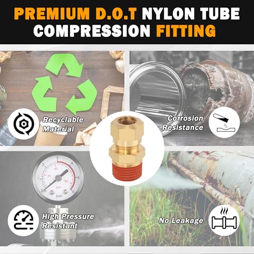 5PCS Brass DOT 1/4" Tube x 1/4" NPT Compression Union Nylon Tubing - size: 1/4" OD x 1/4" NPT, style: Straight Male NPT Thread-5PCS