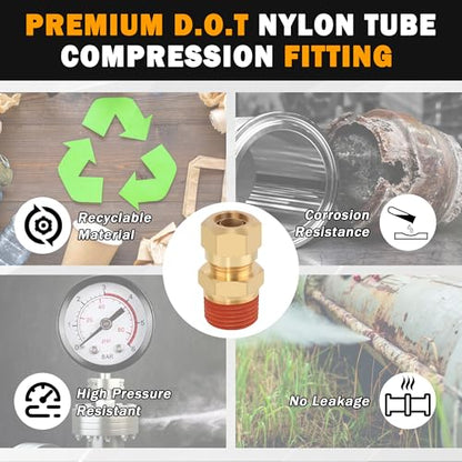 5PCS Brass DOT 1/4" Tube x 1/4" NPT Compression Union Nylon Tubing - size: 1/4" OD x 1/4" NPT, style: Straight Male NPT Thread-5PCS
