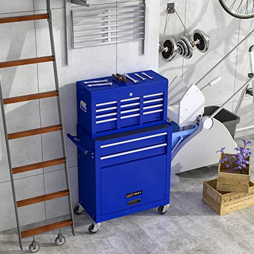 Blue 8-Drawer Heavy Duty Tool Chest w/Ball Bearing Drawers, Central Locking & 4 Wheels (2 Brakes) - Rolling Garage Storage Cabinet - color: Blue, size: 24.2 x 13 x 42.8