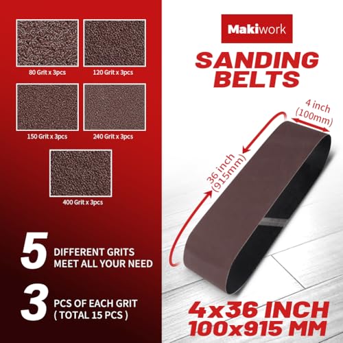 4 x 36 Inch 100 x 915 mm Sanding Belts Set - 15-Pack with 80/120/150/240/400 Grits, Aluminum Oxide Abrasive Belts for Woodworking - size: 4 x 36(15pcs)