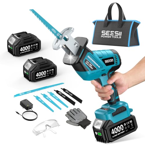 SEESII Reciprocating Saw Cordless with 2 x 4.0Ah Batteries and 6 Saw Blades - color: Blue