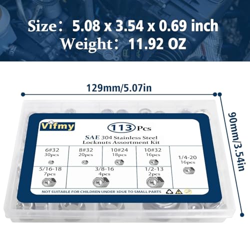 SAE Lock Nut Assortment Kit 113Pcs, #6-1/2 Stainless Locking Nut - size: SAE Locknuts, 113 Pcs