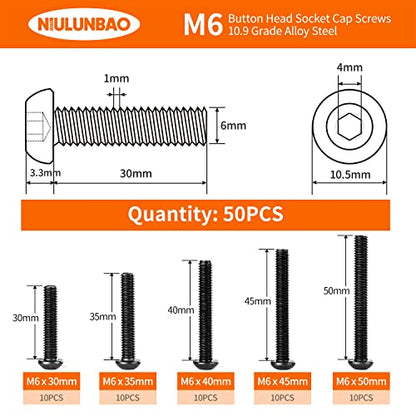 M6 x 30mm 35mm 40mm 45mm 50mm Button Head Socket Cap Screws Bolts 10.9 Grade Alloy Steel Metric Machine, Black Oxide Finish, Allen Hex Drive, Fully Threaded, Assortment Kit 50PCS - size: M6 x 30/35/40/45/50mm (50PCS)