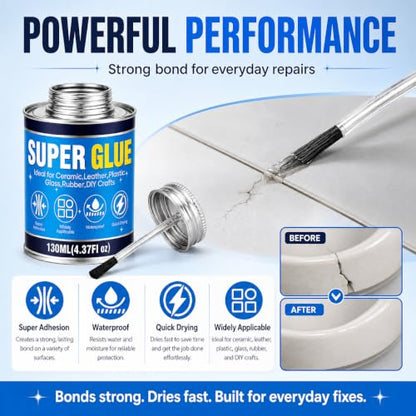 Super Glue with Brush 130ml, All Purpose Clear Strong Adhesive Waterproof Instant Glue Gel for Wood Ceramic Glass Leather Plastic Rubber Metal DIY Crafts Industrial Repairs