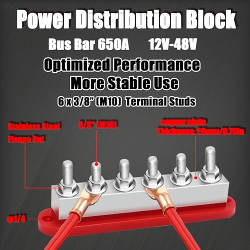 650A Bus Bar 12V Marine 3/8" Power Distribution Block Automotive Busbar Terminal Block,Battery Buss Bar (Pair, Red & Black) 6 x 3/8" Post - size: 650A 6x3/8"