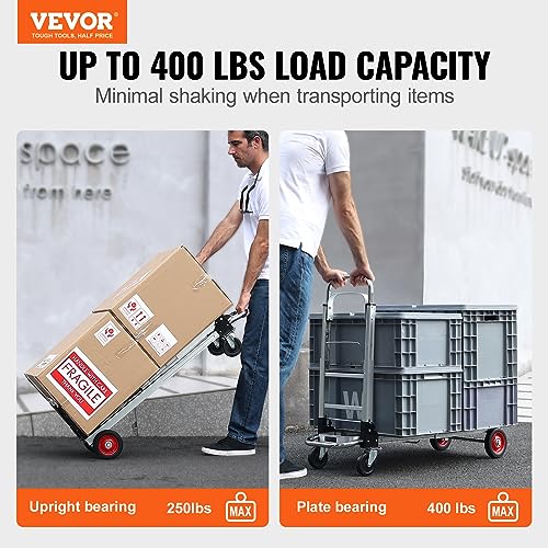 VEVOR Aluminum Folding Hand Truck, 2 in 1 Design 400 lbs Capacity, Heavy Duty Industrial Collapsible cart, Dolly Cart with Rubber Wheels for Transport and Moving in Warehouse, Supermarket, Garden - size: 400 lbs