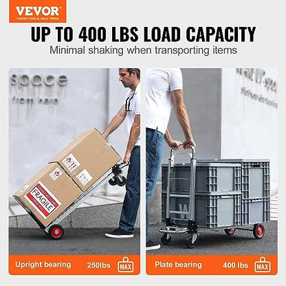 VEVOR Aluminum Folding Hand Truck, 2 in 1 Design 400 lbs Capacity, Heavy Duty Industrial Collapsible cart, Dolly Cart with Rubber Wheels for Transport and Moving in Warehouse, Supermarket, Garden - size: 400 lbs