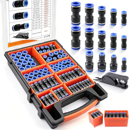 170Pcs Straight Push to Connect Fittings Kit,1/4"5/16"1/2"3/8"1/8" Fittings - color: 170Pcs-blue