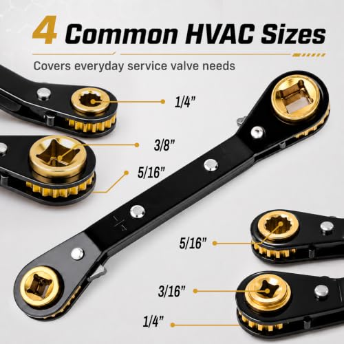 HVAC Service Wrench,3/16"-3/8" 5/16" x 1/4"Valve Wrench with Hex Adapters - style: 2 Wrench + 2 Hexagon Bit(Black)