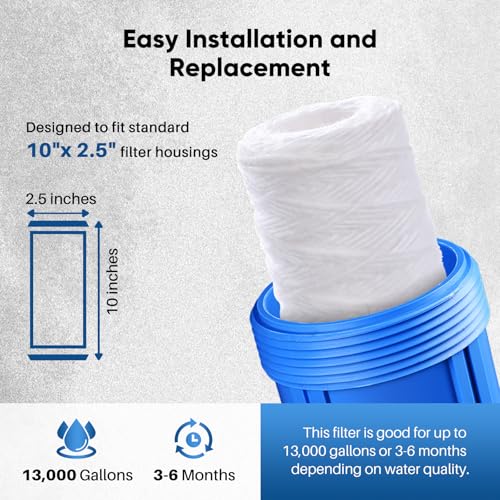 PUREPLUS 5 Micron 10"x2.5" Whole House String Wound Sediment Filter 4 Pack - size: 4 Count (Pack of 1)