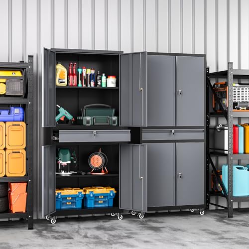 73" Metal Garage Storage Cabinet with Wheels， Rolling Tool Storage with Locking Doors， Adjustable Shelves and Drawer, Heavy Duty Steel Tool Cabinet for Garage, Warehouse, School(Black Grey) - color: Black Grey, size: 72.8"H x 31.5"W x 15.7"D