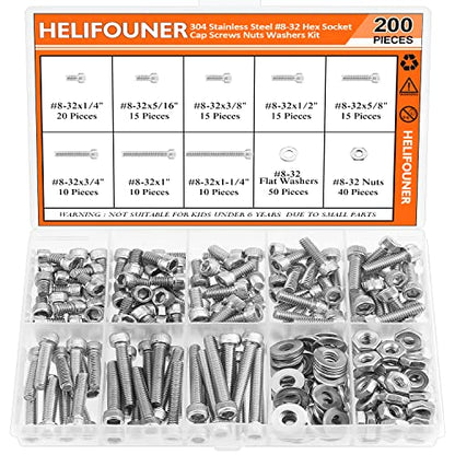 HELIFOUNER 200 Pieces #8-32 x 1/4" 5/16" 3/8" 1/2" 5/8" 3/4" 1" 1-1/4", Hex Socket Head Cap Screws Bolts Washers Nuts Kit, Coarse Thread, Fully Machine Threaded, 304 Stainless Steel - size: #8-32, style: Socket Head