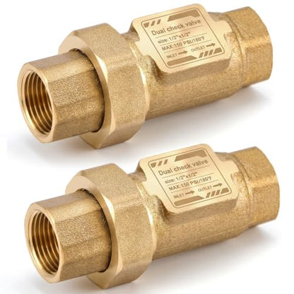 2 Pcs 1/2" Lead-free Brass Dual Check Valve, 1/2" FNPT Backflow Preventer