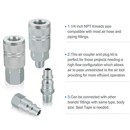 Industrial Air Coupler and Plug Kit, 3/8 Inch High Flow Body Size, 1/4 Inch NPT Threads Size, Steel Material, 9 Pieces Air Compressor Hose Accessories Fittings - size: 3/8 inches