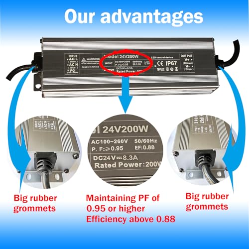 Led Driver 24V Led Transformer 200W IP67 Waterproof Power 100-260V AC to 24Vdc Low Voltage Transformers with 3-Prong Plug 3.3 Feet Cable Indoor Outdoor LED Light - style: 24V 200W