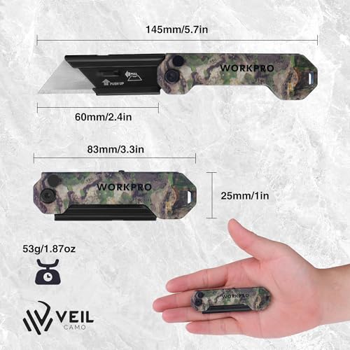 WORKPRO EDC Folding Utility Knife, Mini Box Cutter with Quick Open Axis Lock, Quick Change Blade Razor Knife, Foldable Small Pocket Knife with Belt Clip, 1 Pack with 10 Extra Blades - color: Camo