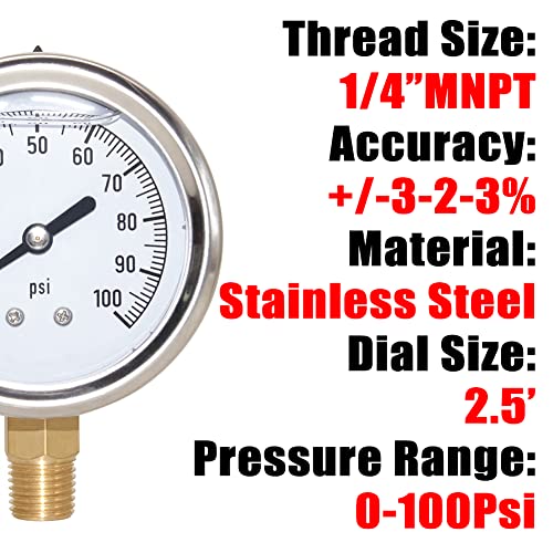2-1/2" Dial 1/4" NPT 0~100Psi 304 Stainless Steel Glycerin Filled Pressure Gauge Bottom Mount - size: 0-100Psi (liquid filled), style: Lower Mount-1/4"NPT