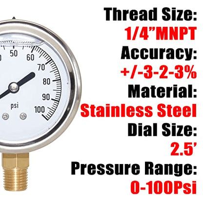 2-1/2" Dial 1/4" NPT 0~100Psi 304 Stainless Steel Glycerin Filled Pressure Gauge Bottom Mount - size: 0-100Psi (liquid filled), style: Lower Mount-1/4"NPT