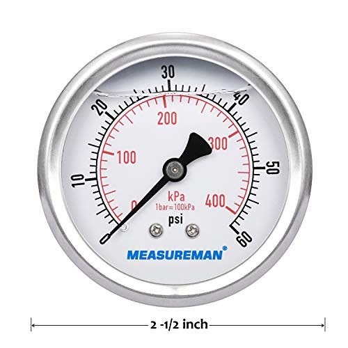 MEASUREMAN 2-1/2inch Dial Size, Liquid Filled Pressure Gauge, 0-60psi/400kpa, 304 Stainless Steel Case, 1/4inchNPT Back Mount - size: 0-60 psi, style: Back Mount
