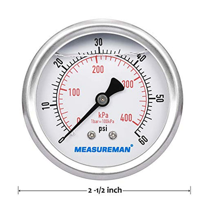 MEASUREMAN 2-1/2inch Dial Size, Liquid Filled Pressure Gauge, 0-60psi/400kpa, 304 Stainless Steel Case, 1/4inchNPT Back Mount - size: 0-60 psi, style: Back Mount