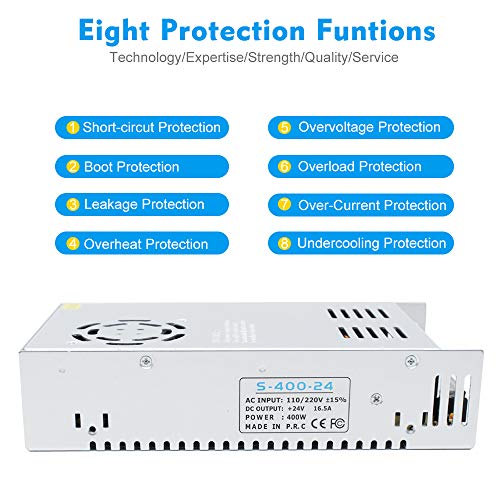 inShareplus 24V 16.5A 400W LED Power Supply, AC 100-240V to DC 24 Volt Regulated Switching Converter, Low Voltage Transformer for Strip Lights, Lighting Modules and 24V Devices - style: 24V 400W