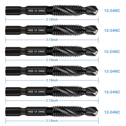 6-Piece 12-24NC Combination Drill Tap Countersink Bit Set SAE, Made of High-Speed Steel with Anti-Rust Blackened Coating, Ideal for Soft Metal, Wood & Plastic, 12-24NC Thread Size, 1/4" Hex Shank - size: 12-24NC