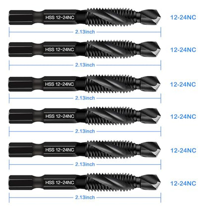 6-Piece 12-24NC Combination Drill Tap Countersink Bit Set SAE, Made of High-Speed Steel with Anti-Rust Blackened Coating, Ideal for Soft Metal, Wood & Plastic, 12-24NC Thread Size, 1/4" Hex Shank - size: 12-24NC