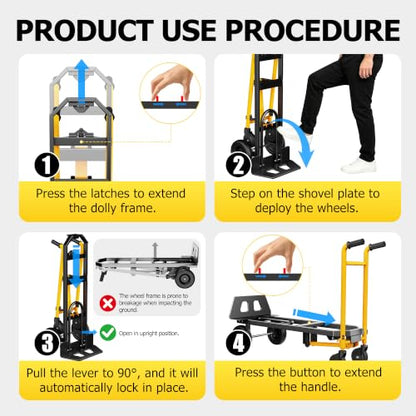 4 in 1 Folding Hand Truck, 1000lbs Capacity Dolly Cart Industrial Convertible Heavy Duty with Retractable Handle and 4 Rubber Wheels, Collapsible Cart for Moving Home, Office, Warehouse - color: Black-1000