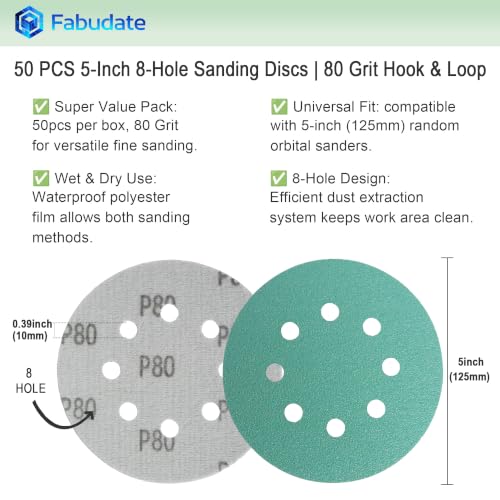 5 Inch 8 Hole 80 Grit Hook&Loop Wet/Dry Heavy-Duty Sanding Discs 50PK - size: 80 Grit