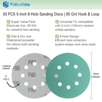 5 Inch 8 Hole 80 Grit Hook&Loop Wet/Dry Heavy-Duty Sanding Discs 50PK - size: 80 Grit