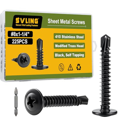 Self Drilling Screws for Metal,#8 x 1-1/4 Inch 225Pcs Sheet Metal Modified Truss Head,410 Stainless Steel Black Zinc Plated Self Tapping Screws - color: Black Self Drilling, size: 8x1-1/4"