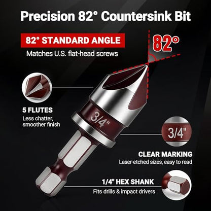 5 Pcs Countersink Drill Bit Set, 82-Degree HSS Drill Bit(1/4" to 3/4"), Quick Change Hex Shank, 5 Flute Premium Countersink Bits for Wood, Metal, Plastic – Durable & Rust-Resistant
