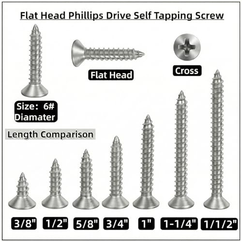 #6 x 1-1/4 [100 Pack] Flat Head Phillips Drive Self Tapping Screws, Sheet Metal Screws, 304 Stainless Steel (18-8), Corrosion Resistant Screws for Wood, Sheet Metal and More - size: #6 x 1-1/4