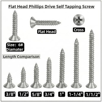 #6 x 1-1/4 [100 Pack] Flat Head Phillips Drive Self Tapping Screws, Sheet Metal Screws, 304 Stainless Steel (18-8), Corrosion Resistant Screws for Wood, Sheet Metal and More - size: #6 x 1-1/4