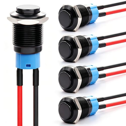 Twidec/5PCS 12mm Latching Push Button Switch ON Off Mini Round Waterproof Black Shell 12V 24V 36V 110V 250V 2A Raised Head with Pre-soldered Wires L-12-BK-G-X - color: Black-12mm-metal shell, size: Latching