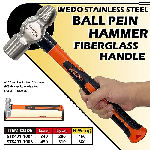 WEDO 2PCS Ball Pein Hammer Set,0.8lb+1lb(340g+450g),Stainless Steel Ball Peen Hammer Set With Fiberglass Handle,Die-forged,Shock-resistant,Corrosion Resistant - size: 0.8lb+1lb(340g+450g)