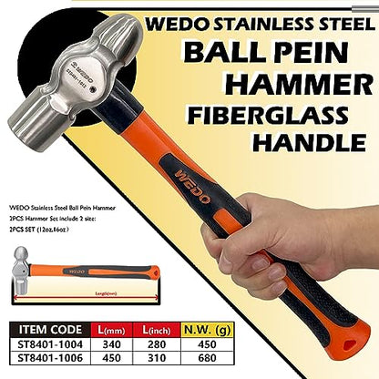 WEDO 2PCS Ball Pein Hammer Set,0.8lb+1lb(340g+450g),Stainless Steel Ball Peen Hammer Set With Fiberglass Handle,Die-forged,Shock-resistant,Corrosion Resistant - size: 0.8lb+1lb(340g+450g)