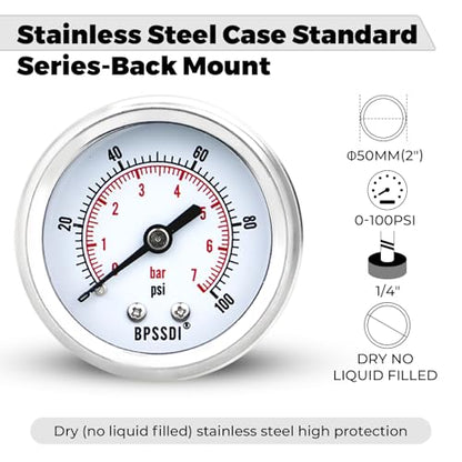0-100 Psi Low Pressure Gauge, 2" Dial Size, 1/4 G Back Mount, Stainless Steel Case for Water Pressure Gauge Test for Water Pipe, HVAC(with Tape) - size: 0-100 psi, style: Back Mount
