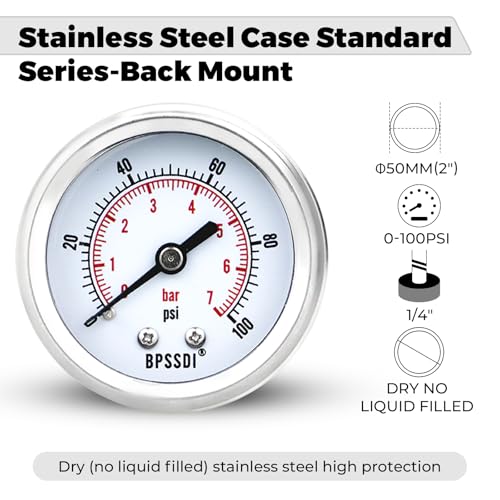 0-100 Psi Low Pressure Gauge, 2" Dial Size, 1/4 G Back Mount, Stainless Steel Case for Water Pressure Gauge Test for Water Pipe, HVAC(with Tape) - size: 0-100 psi, style: Back Mount
