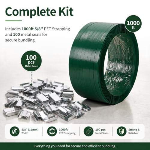 1000ft 5/8'' Polyester (PET) Strapping and 100Pc Metal Seals - color: strapping&seals