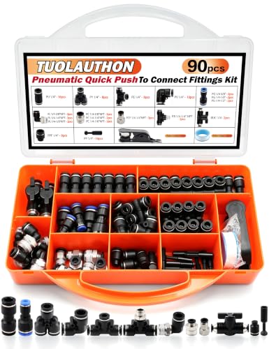 90PCS 1/4" OD Quick Connect Air Hose Fittings Kit, Push to Connect 1/4 1/8 3/8 1/2 NPT Threads&Reducer Pneumatic Line Assortment for Air Compressor, Air System, Auto and Trailer Repair - size: 90PCS