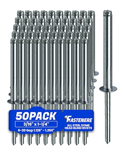 Fastenere Pop Rivets 3/16" x 1-1/4" (50 pcs) Aluminum Body Steel Mandrel, Heavy Duty, Open End, Low Carbon, Dome Head Blind Rivets, Corrosion Resistant & High Shear Strength, 6-20 Gap 1.126" - 1.250" - size: 3/16" x 1-1/4" (6-20) (50 Pack)