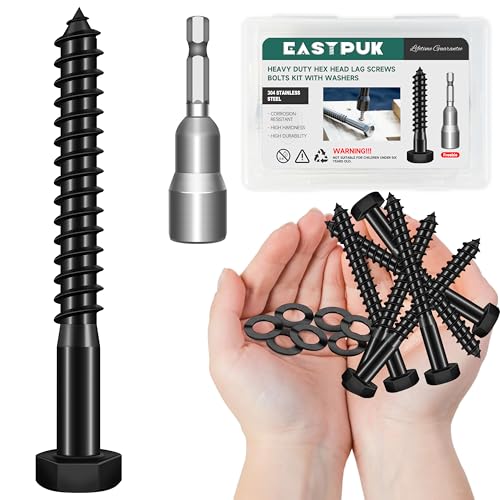 (6Sets) 1/2" x 4" Hex Head Lag Bolts, Heavy Duty Lag Screws with Washers, 304 Stainless Steel, 1/2 Bolt for Wood, Partial Thread, Black Oxide - size: 1/2" x 4"